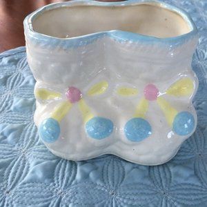 Vintage Blue Baby Booties Shower Nursery Planter